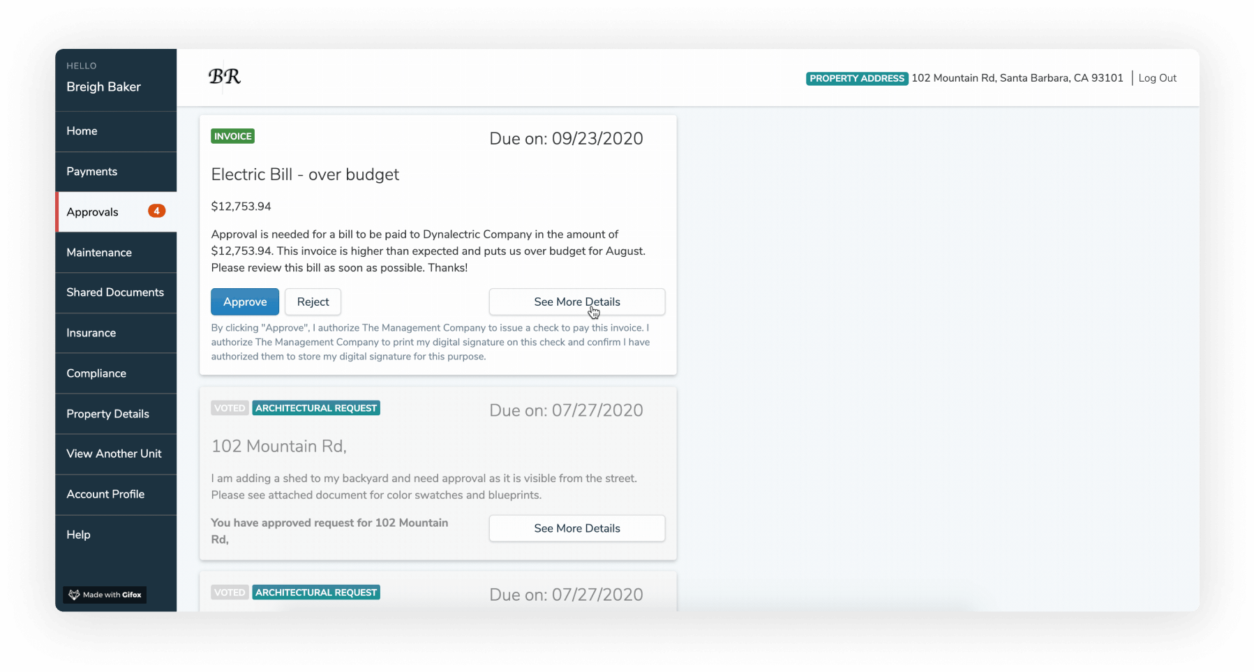 A screenshot of the APM Property Manager Management Approvals tool