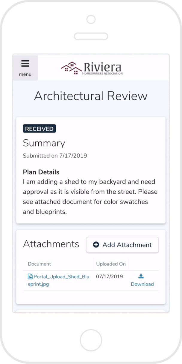 A screenshot of the APM Property Manager Architectural Review tool on a mobile device