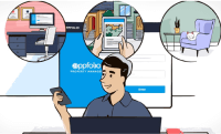 A characture picture of a man using a mobile device in front of a screen shot of the AppFolio Property Manager login screen; with 3 bubble pictures of a desktop workspace, a tablet being used outside of residential homes, and a living room with a cat sleeping on a chair.